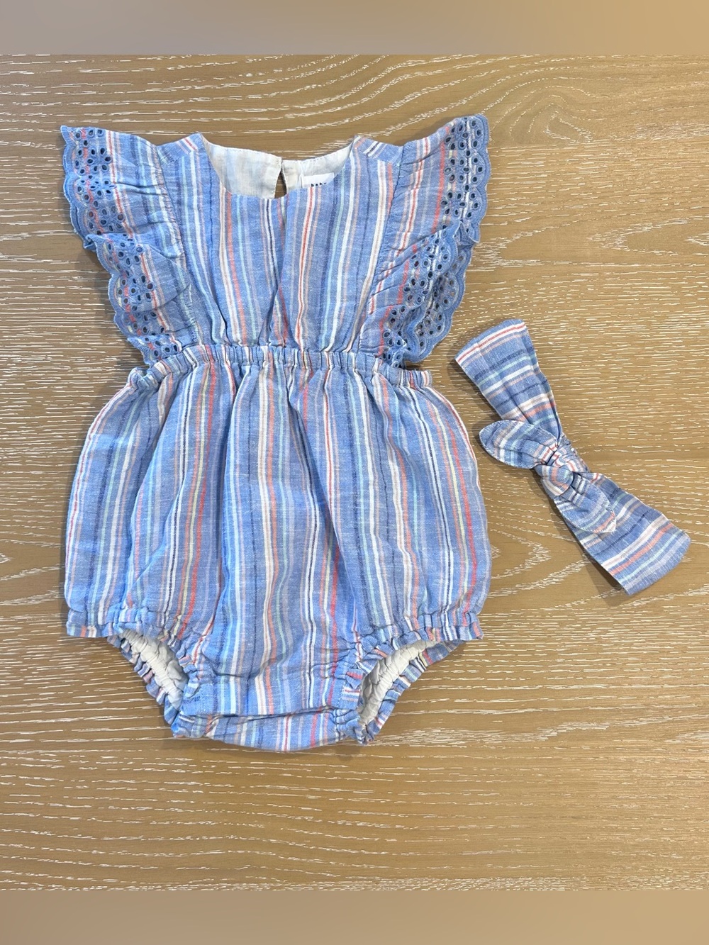 Baby Gap Linen Cotton Striped Bubble Romper Headband Set Blue White 6-12M NWT
